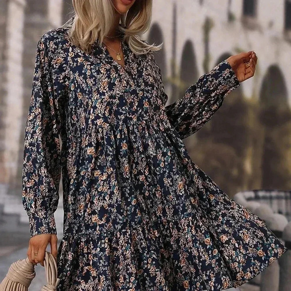 Multicolor Boho Women's Allover Floral Print Bishop Sleeve Ruffle Hem Dress - Picture 4 of 6